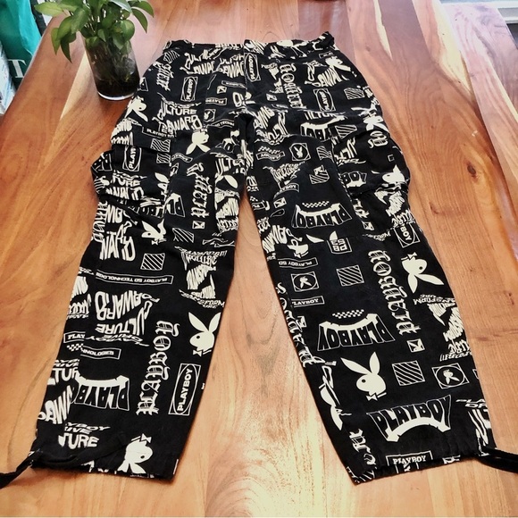 PLAYBOY Y2K Logo Cargo Pockets Black & White High Rise Wide Leg Pants Trousers. - Picture 11 of 16